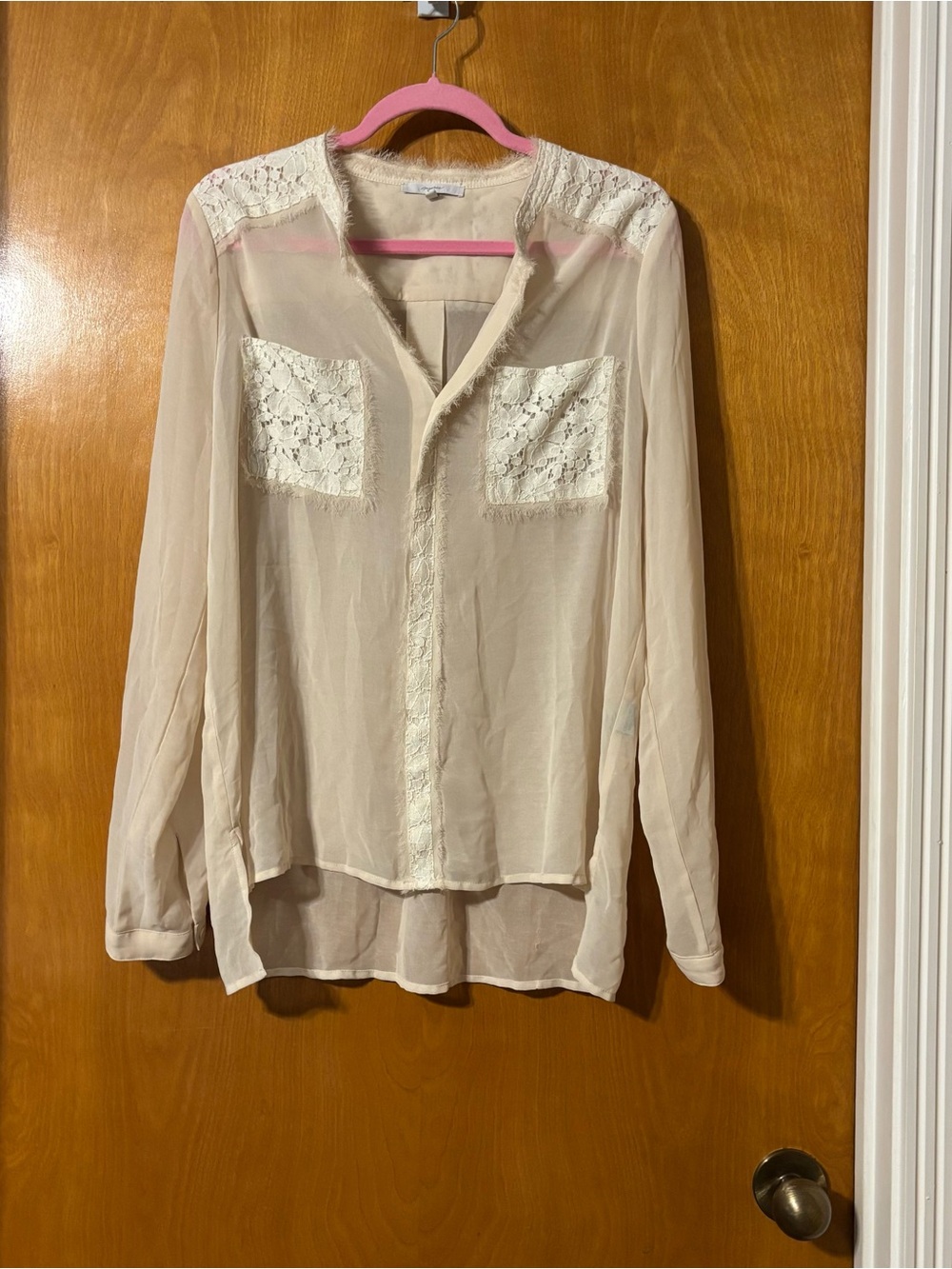 Mystree Cream Sheer Lace-Pocket Blouse